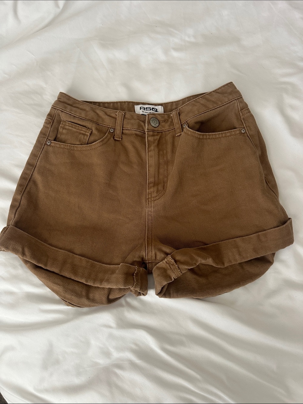 RSQ Chestnut Brown High-Waist Rolled Hem Jean Shorts